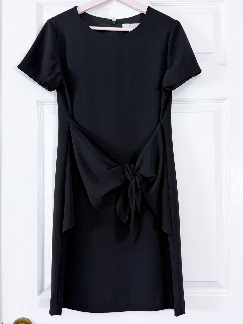 Dylan Gray Solid Black Short Sleeve Drape Front Luxe Shift Dress Size 6